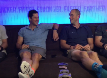 Triathlon Coach and a Cycling Coach sitting on a couch with two mountain bikers